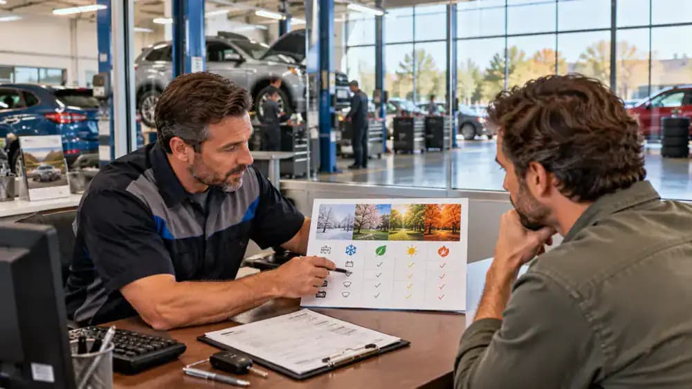 Vehicle owner and service advisor reviewing a seasonal maintenance calendar and arranging a preventive car battery test at an automotive service center before winter.