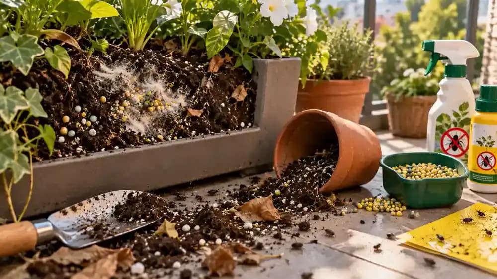 Close-up of a ceramic planter surrounded by exposed fertilizer pellets, insect treatment, and spilled potting soil containing small debris, followed by an owner consulting a veterinarian and storing gardening chemicals in a locked indoor cabinet.