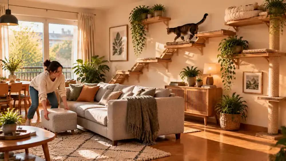 Owner rearranging a sofa and closing a doorway before removing a temporary footstool that creates an awkward shortcut to the cat's familiar wall-mounted climbing route.