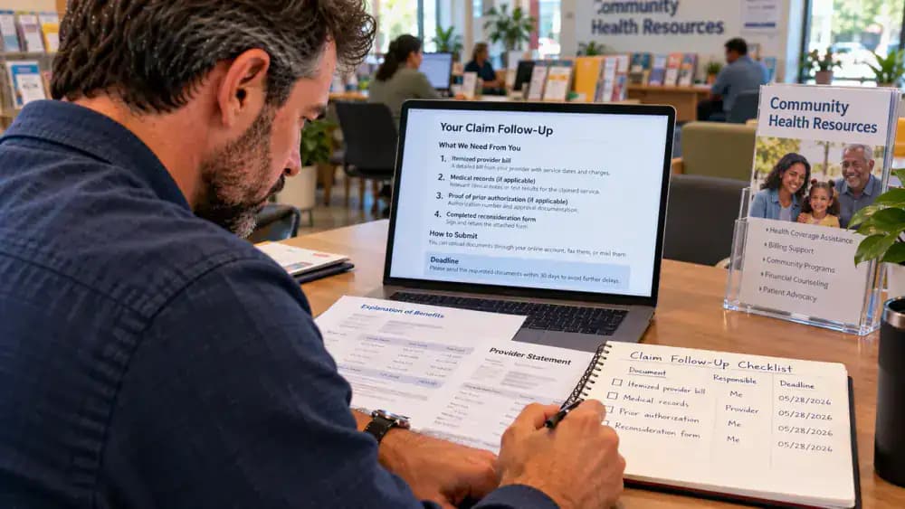 Adult at a community health resource center reviewing fictional insurer follow-up instructions on a laptop beside an EOB and writing requested documents, responsible party, and deadline to confirm on a checklist.