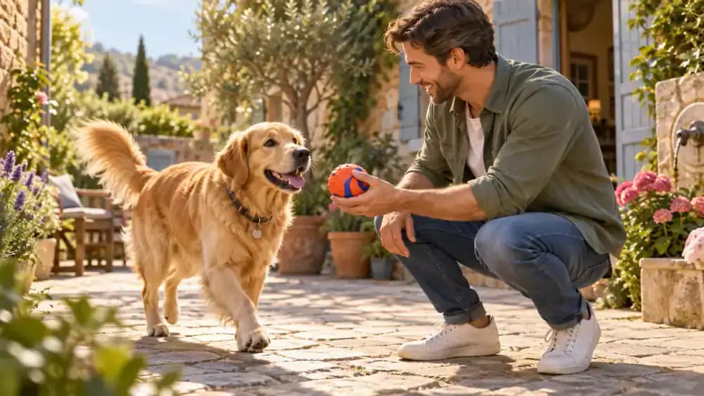Golden retriever receiving a favorite rubber ball instead of food after returning to its owner