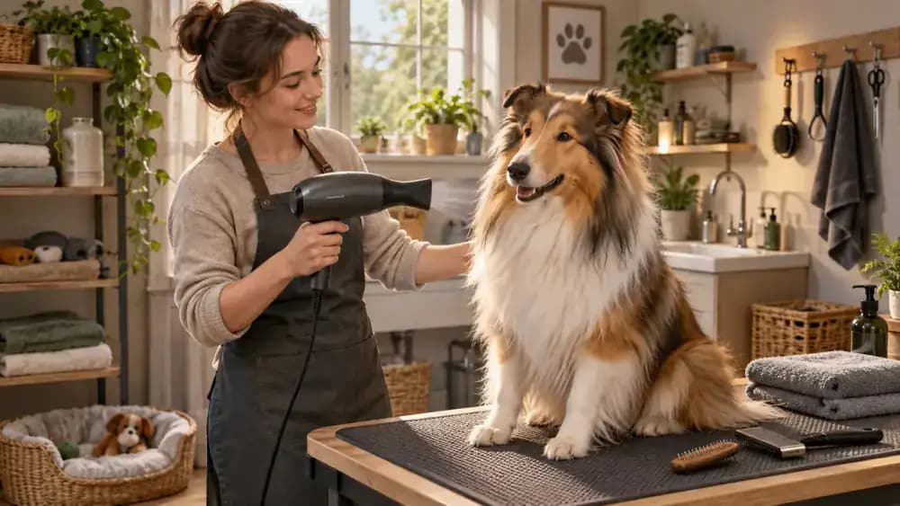 Owner holding a pet dryer at a safe distance on a low setting while a calm, long-haired dog stands on a grooming mat.