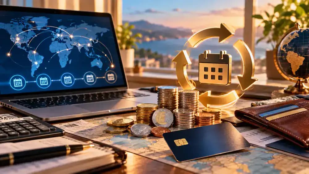 Laptop representing an international software subscription beside foreign coins and a recurring payment illustration.