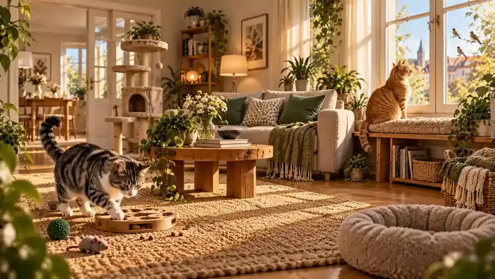 Milo watches birds through a closed window while Luna independently uses a puzzle feeder across the room
