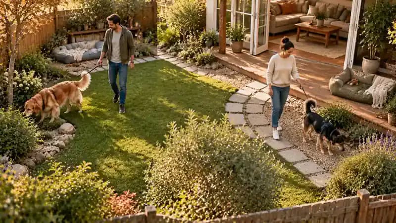 Owner practicing a simple trick with the newly adopted dog while the resident dog enjoys a separate enrichment activity with a family member, followed by an individual walk with the resident dog.