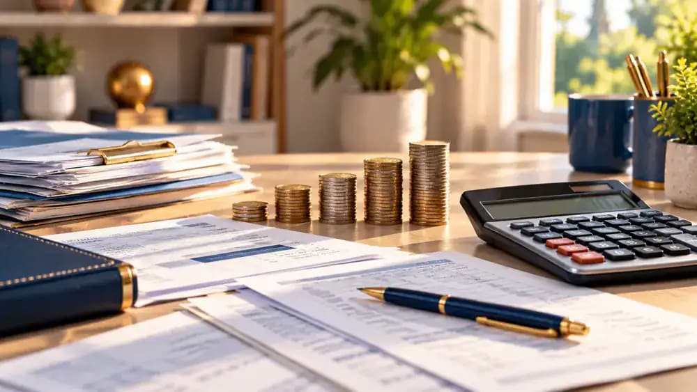 Calculator, generic tax paperwork, and neatly stacked coins arranged on a neutral desktop.