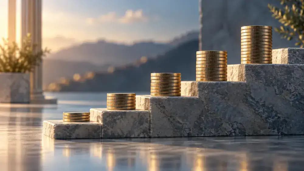 Rising arrangement of steps and coins representing potentially increasing renewal premiums.