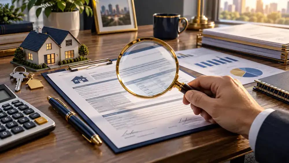 Mortgage contract viewed through magnifying glass
