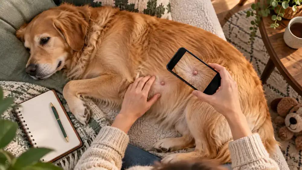 Owner photographing a small bump on a relaxed dog's side beside a dated notebook