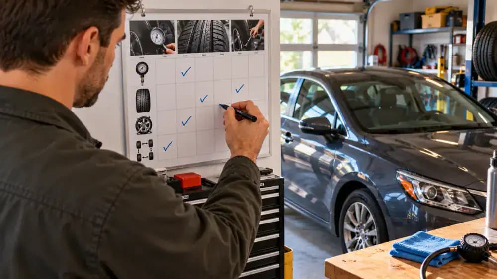 Monthly tire maintenance chart in a home garage with blank PSI fields for all four tires, reminders for cold checks and long trips, and a digital pressure gauge stored below.