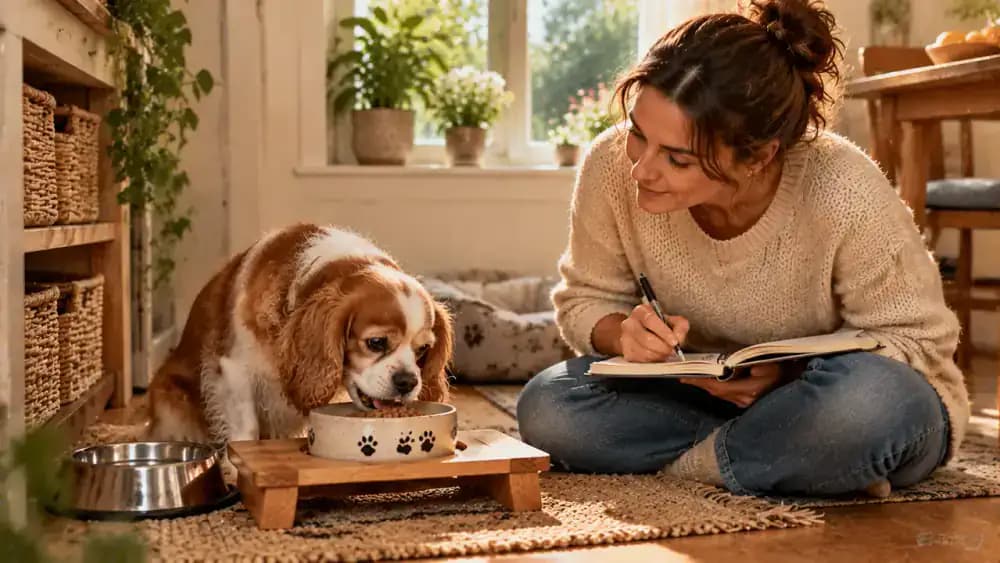 An adult quietly observes an older Cavalier King Charles Spaniel chewing food from a shallow ceramic bowl, with an open notebook nearby for recording eating speed and appetite.