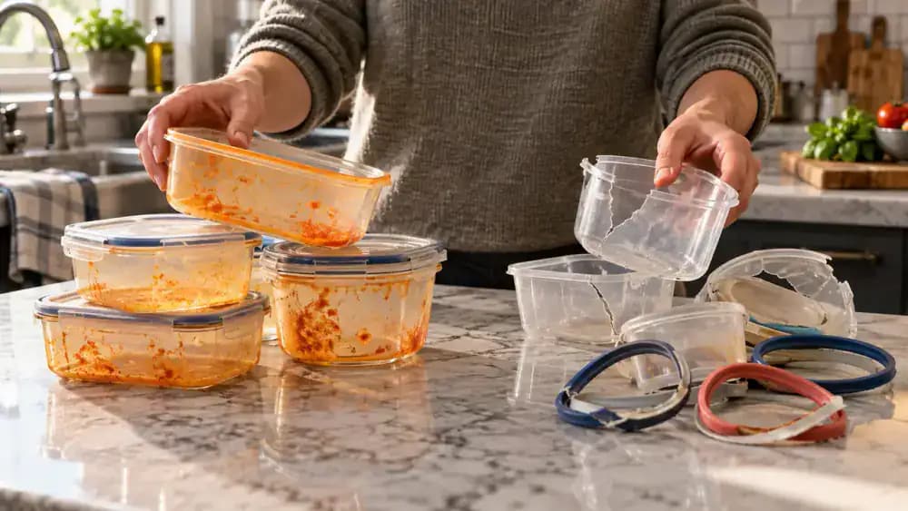Close-up of hands inspecting a transparent plastic food container with orange tomato stains in a bright kitchen pantry. A water droplet is visible in the lid's sealing groove, while the container and lid are positioned separately on ventilated drying racks.