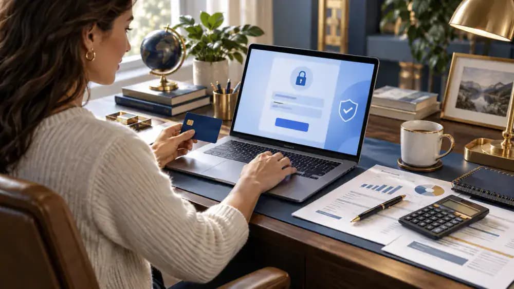 Person completing a secure credit card payment on a laptop at home.