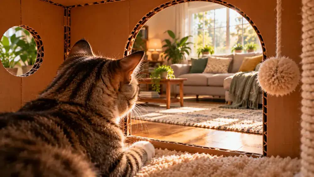 Tabby cat sitting inside a cardboard maze chamber and looking through a large side window toward a familiar living room sofa, with sturdy reinforced cardboard borders around the opening.