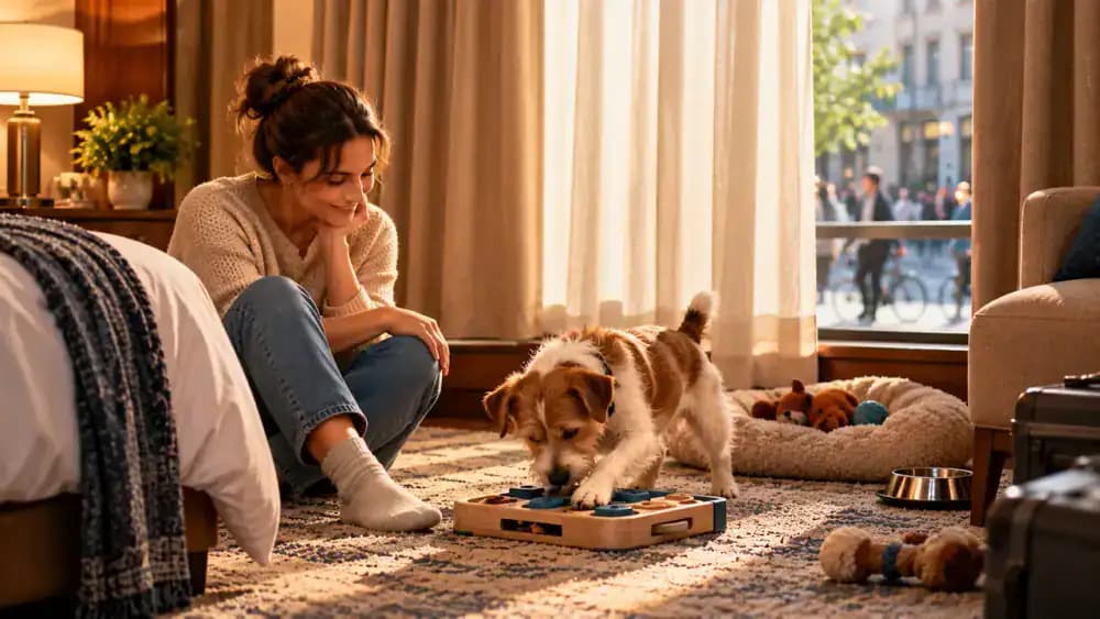 Small terrier watching pedestrians and bicycles through a large hotel window, followed by its owner partially closing the curtains and offering a familiar food puzzle that the dog explores on the floor.