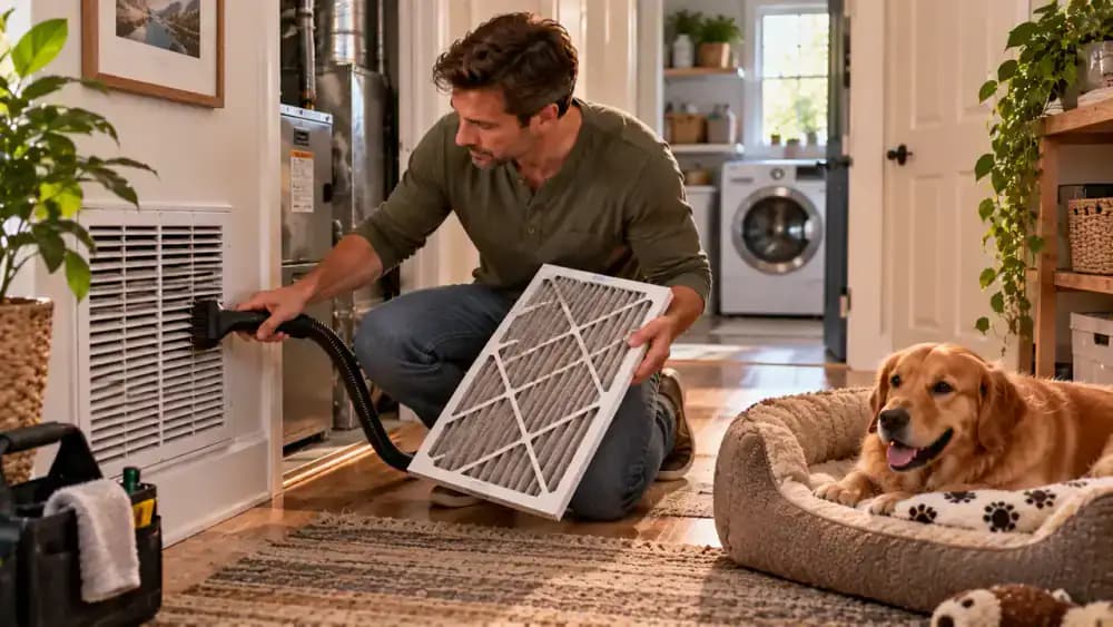 Homeowner cleaning an HVAC vent and checking a filter near a pet bed