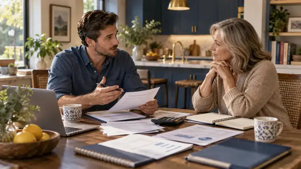 Two people having a serious but calm financial conversation