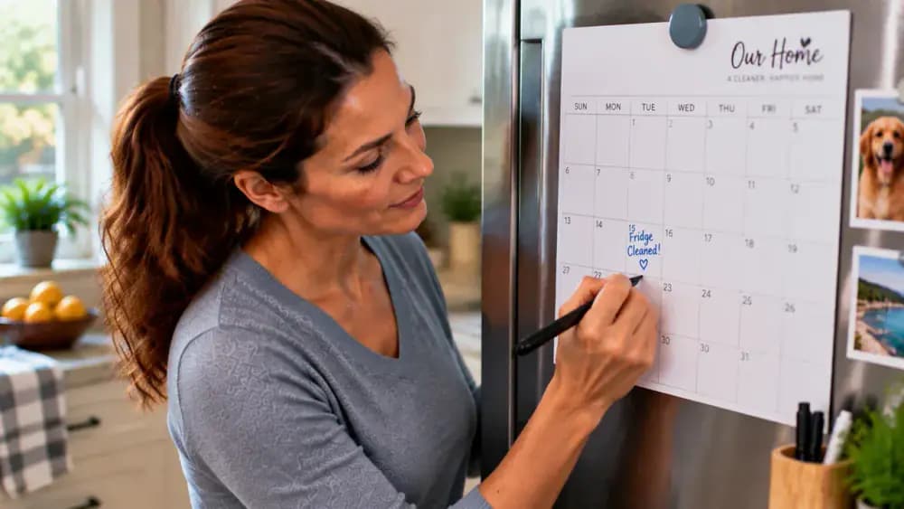 Person writing refrigerator cleaning date and completed section on a small kitchen calendar mounted beside a refrigerator