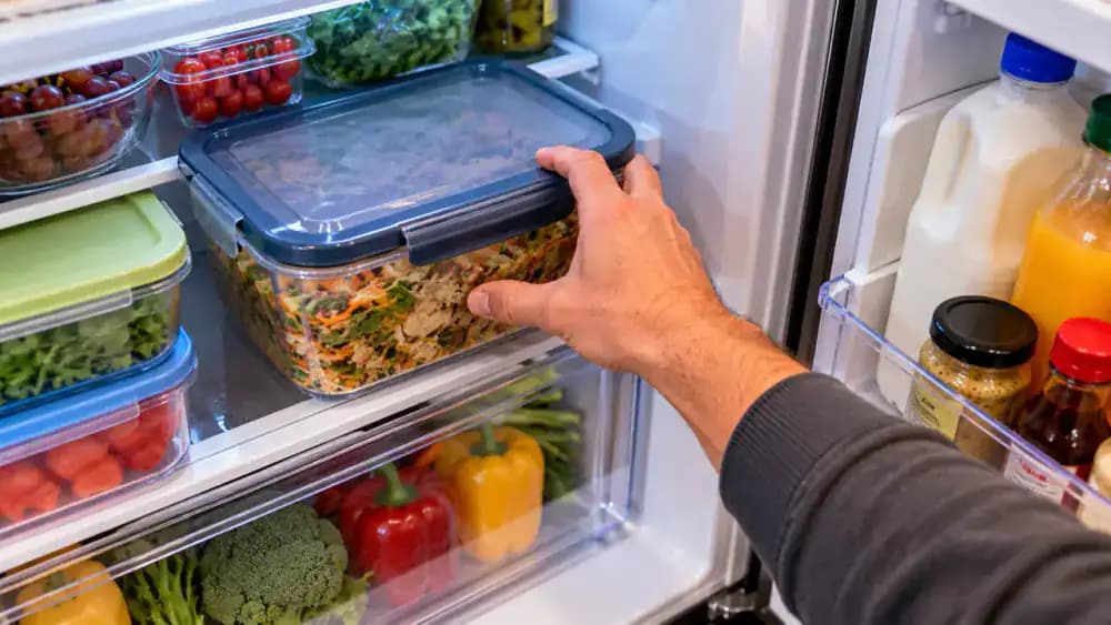 High-angle view inside an open stainless steel refrigerator showing a person moving a large food container farther back, closing a produce drawer, and repositioning a tall bottle to prevent door obstruction.