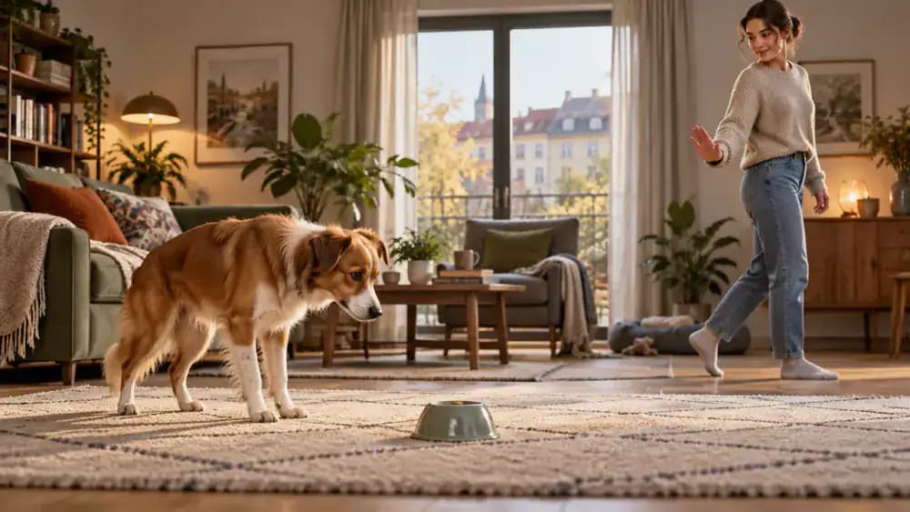 A cautious dog freezes beside a covered treat while its owner calmly moves farther away to reduce pressure during training.