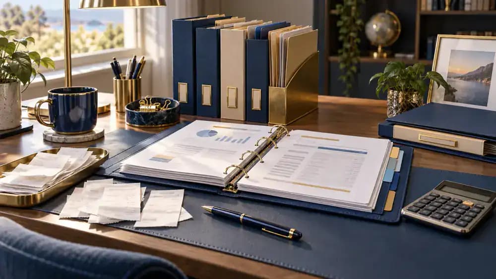Organized binder containing receipts, statements, and credit card disclosures