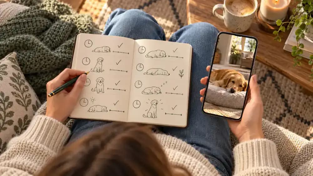 Overhead view of Emma writing departure types, durations, and Bailey's observed body language in a paper training notebook beside a pen, timer, and phone displaying calm pet camera footage.