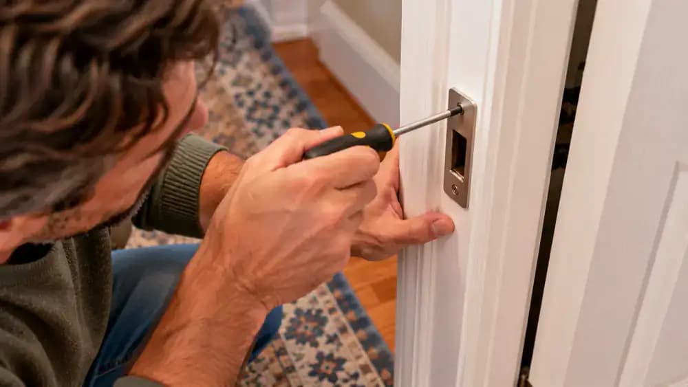 Close-up of a homeowner gently releasing a brushed nickel door lever while testing whether the latch enters the secured strike plate opening on a white interior door, with both mounting screws flush and fingers clear of the closing edge.
