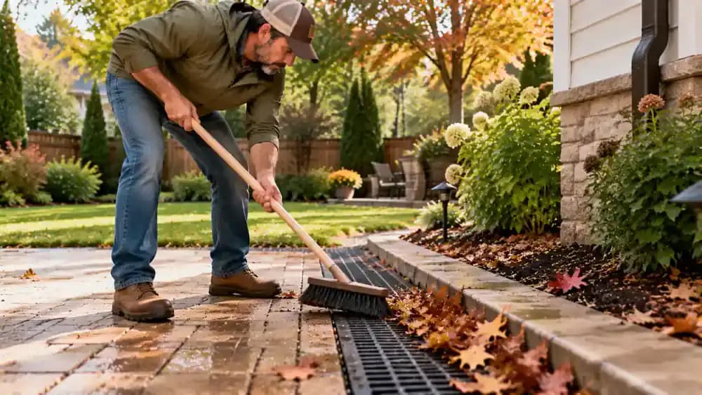 Homeowner standing on a dry paved patio using a long-handled soft brush to sweep wet leaves and grass clippings away from a flush surface drainage grate, with shallow rainwater visible nearby.