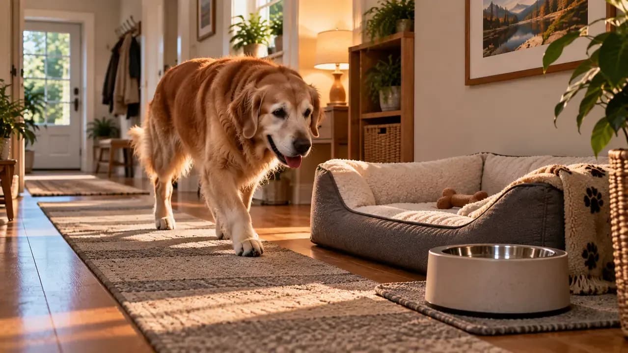 Senior dog walking on nonslip runners toward a low supportive bed and nearby water