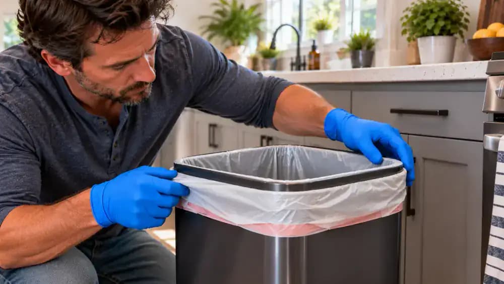 Gloved person placing a folded dry paper towel flat in the bottom of a clean kitchen trash can with a newly fitted liner to monitor for moisture before regular use.