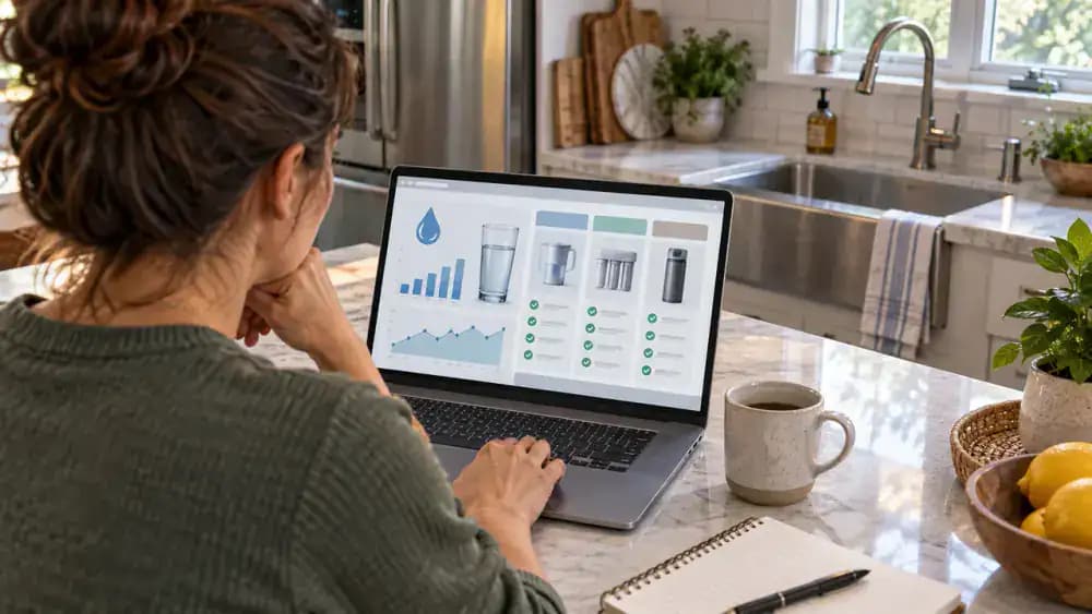 Homeowner reviewing a local water utility report and residential water softener options on a laptop, with a water hardness test kit, notebook, and smartphone on the desk and a stainless steel kitchen sink visible in the background.