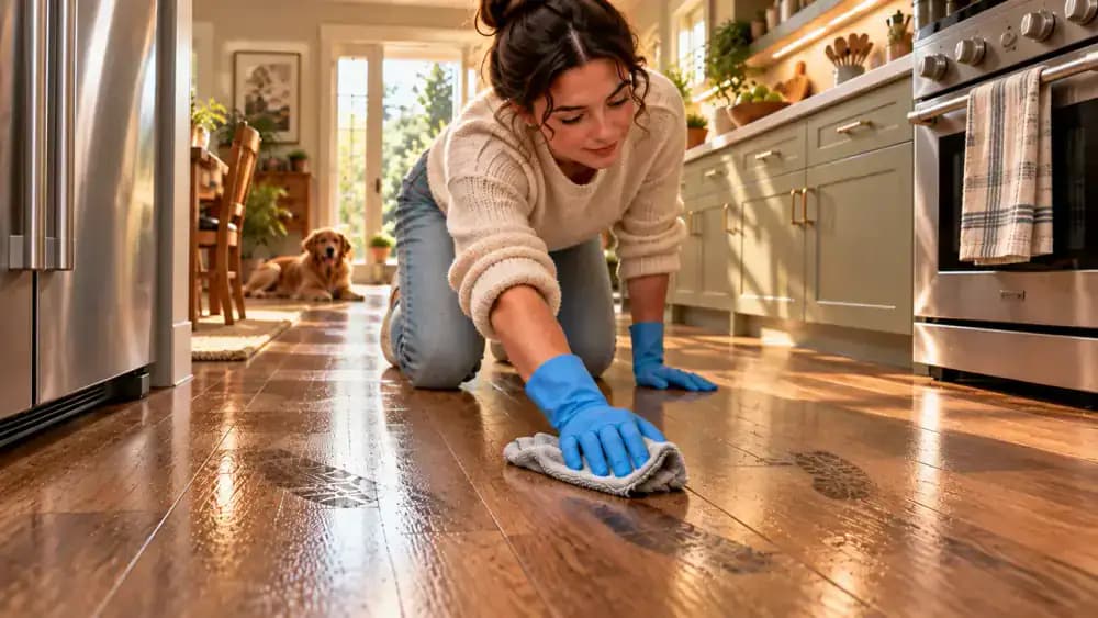 Person performing weekly vinyl plank kitchen floor maintenance, using a lightly damp microfiber mop near kitchen cabinets, with a wet-floor warning sign visible and a wall calendar marking the scheduled cleaning routine.