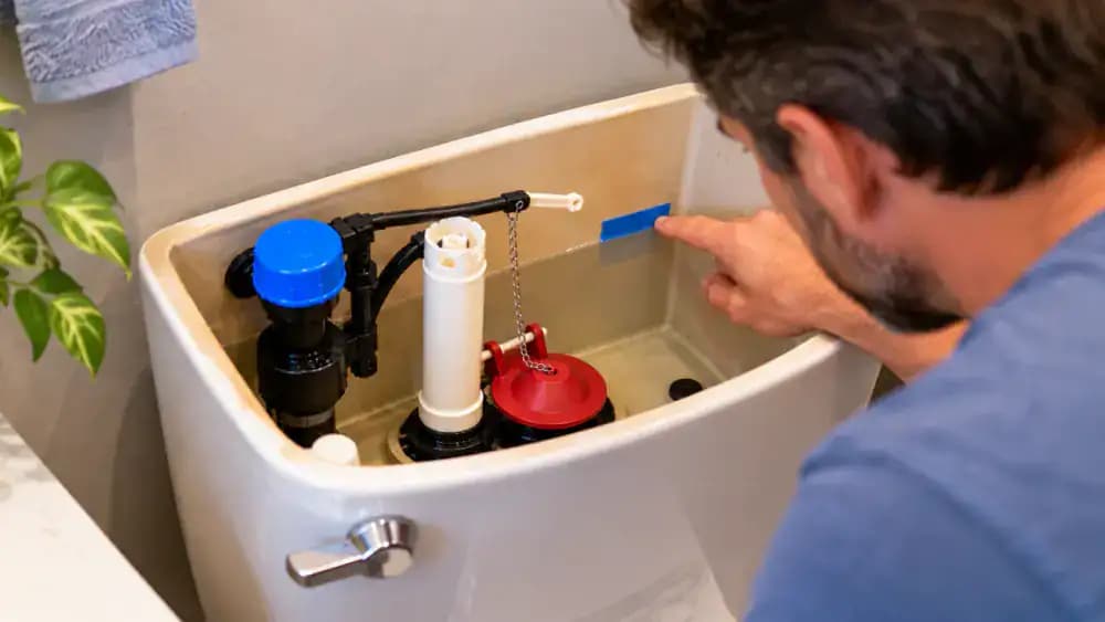 Over-the-shoulder view of a homeowner comparing the water level with a removable tape marker inside an open white toilet tank, checking the replacement flapper and chain, then reopening the wall-mounted shutoff valve.
