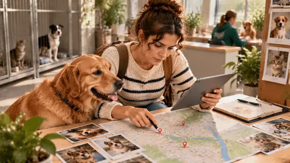 A pet owner at a community animal welfare center reviews official lost-pet reporting guidance on a tablet and records contact details for nearby shelters and veterinary clinics.