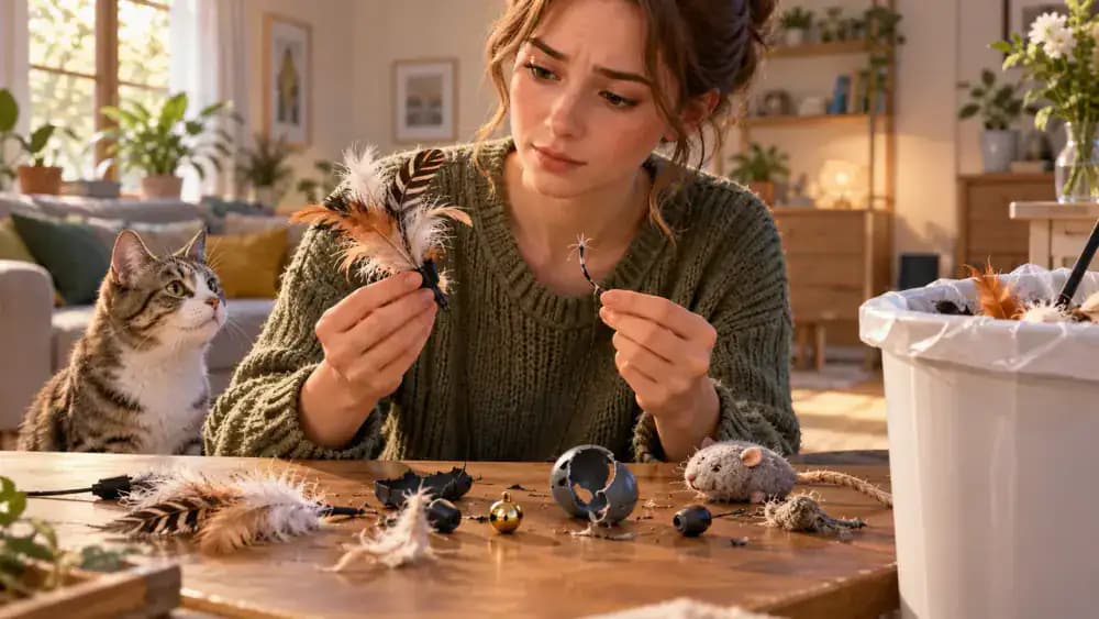 Owner inspecting cat toys for loose and damaged parts