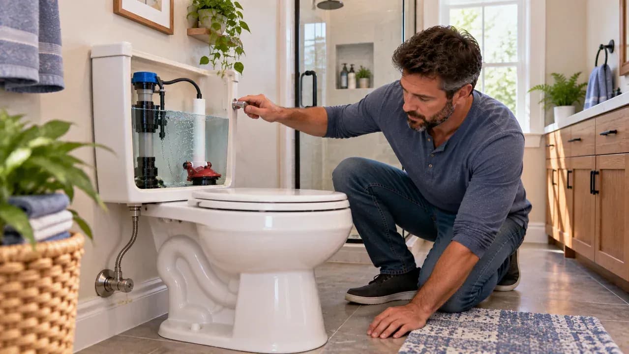 Homeowner flushing a repaired toilet with the tank lid installed while checking a card for quiet shutoff, normal refill, dry floor, and a dry supply connection.