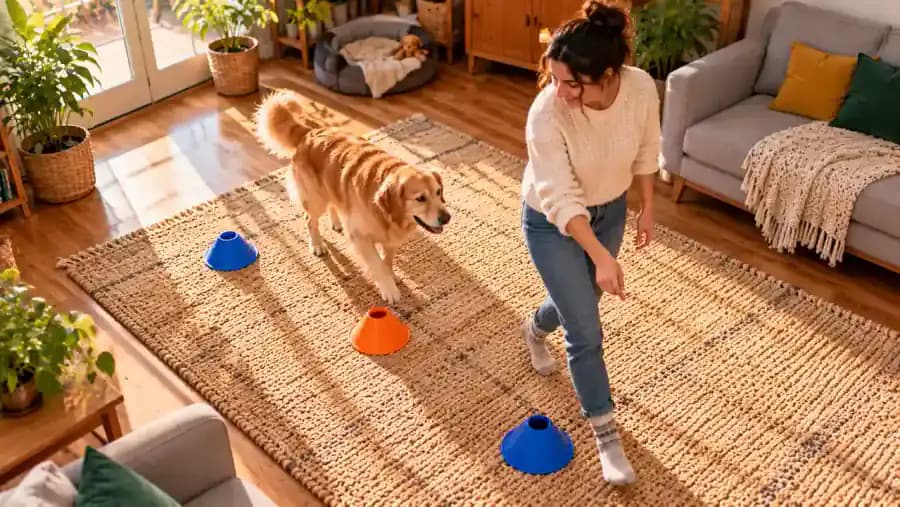 Overhead view of three stable weaving markers with arrows indicating the original and reversed routes as an owner guides a dog toward the opposite entrance and the dog calmly navigates the course.