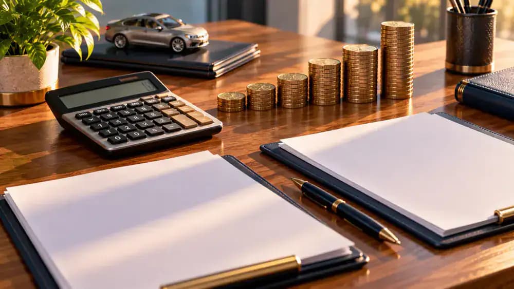 Calculator, neat stacks of coins, and blank repayment documents arranged for a loan cost calculation.