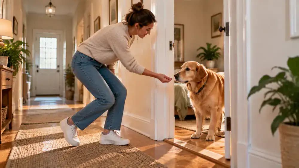 An owner practices the wait cue beside a closed study door while the dog remains in position as the owner takes a small step toward a bookshelf before returning with a treat.