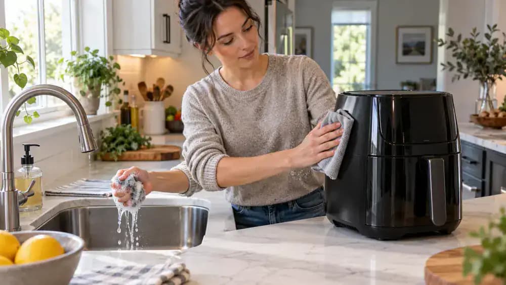A hand wets and wrings a microfiber cloth over a sink while an unplugged appliance sits on a separate dry counter, then wipes only a solid exterior housing panel.