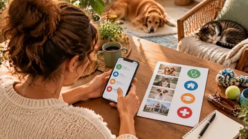 Adopter saves shelter, veterinarian, qualified trainer, and emergency clinic details in a labeled smartphone contact list and places a printed emergency contact sheet on the refrigerator while a cat watches nearby.
