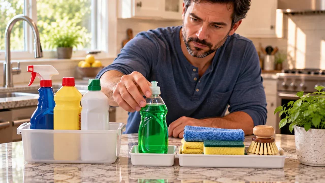 Adult homeowner applying a pea-sized amount of mild dish soap to a damp microfiber cloth and wiping one small section of a stainless steel sink along the grain before rinsing it clean.