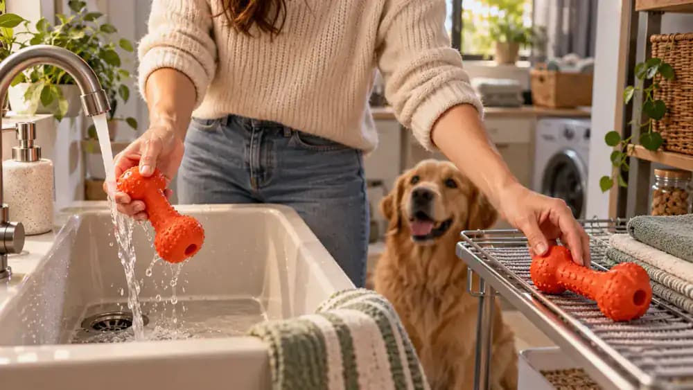 Two labeled bins separating ready pet toys from damaged or dirty toys