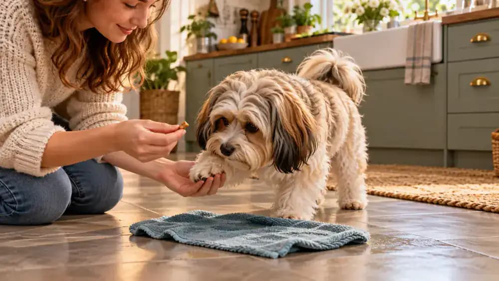 Small fluffy white Havanese sitting on a soft blue mat in a sunlit kitchen while its owner introduces a damp cotton cloth, gently touches a front paw, and offers a training treat.
