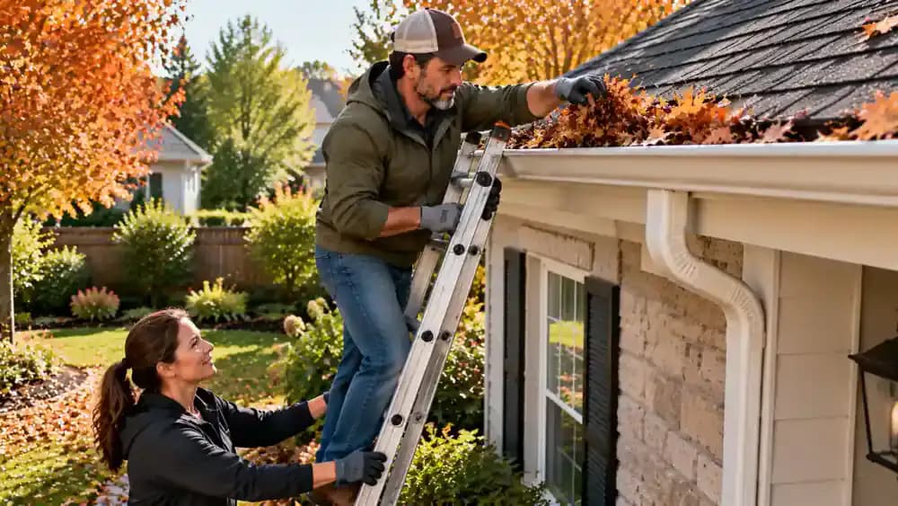 Homeowner wearing work gloves on a securely positioned ladder beside a single-story suburban house, using a small scoop to remove leaves from a gutter while another adult steadies the ladder from firm, level ground.