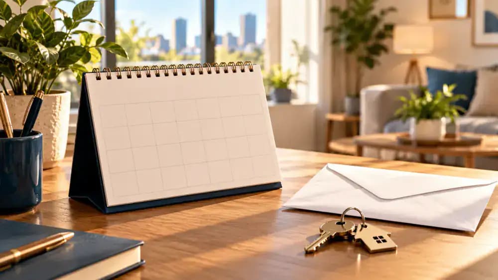 Blank paper calendar beside apartment keys and an envelope representing security deposit refund deadlines.