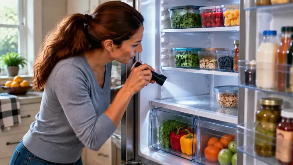 Person using a handheld light to inspect refrigerator shelves, corners, and food container areas during a weekly maintenance check