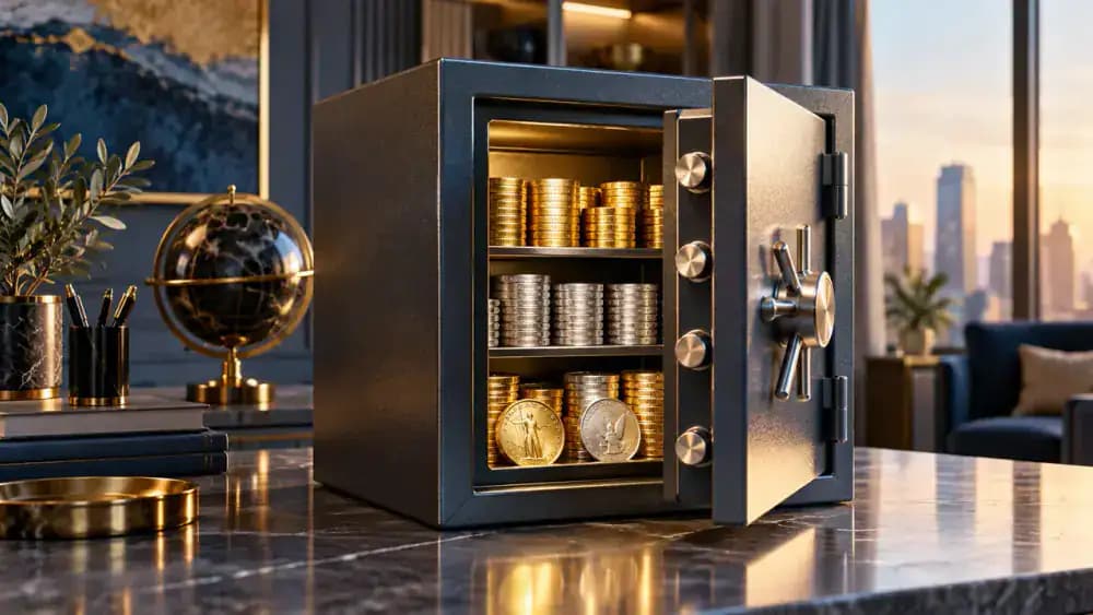 Open safe containing coins representing access to accumulated cash value.
