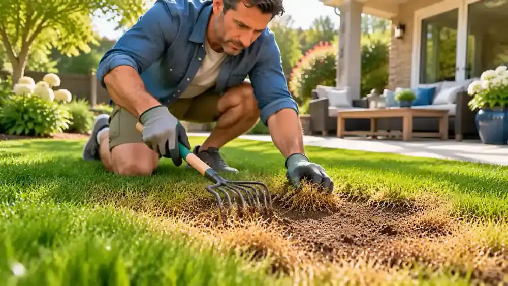 Gloved homeowner using a hand rake to loosen soil and clear dead grass from a bare lawn patch, with a grass seed packet nearby.