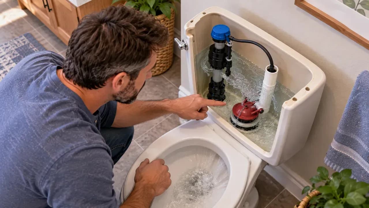 Overhead-right view of an open toilet tank as a homeowner watches the flapper reseat, checks chain slack, and compares the final water level with the overflow tube after a complete flush.